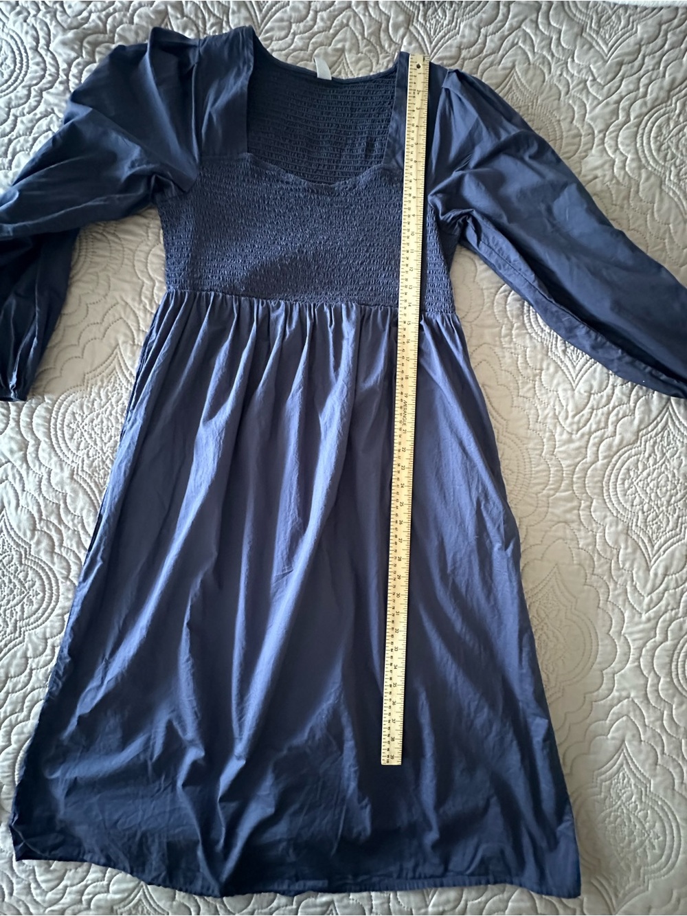 Cottagecore Navy Smocked Dress Puff Sleeve Prairie Large Western Peasant Dress - Picture 10 of 10